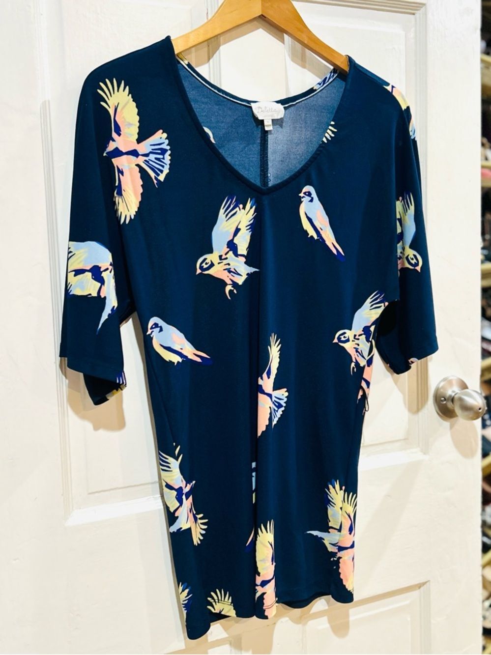 Anthropologie Deletta Navy Blue Bird Print Stretch Tunic Dress Size XS - Picture 3 of 6
